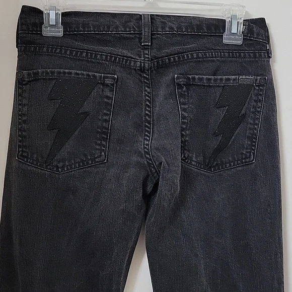 7 For All Mankind, Size 27 Washed Black Flared Jeans w/Sparkle Lightning Bolts - Picture 15 of 15